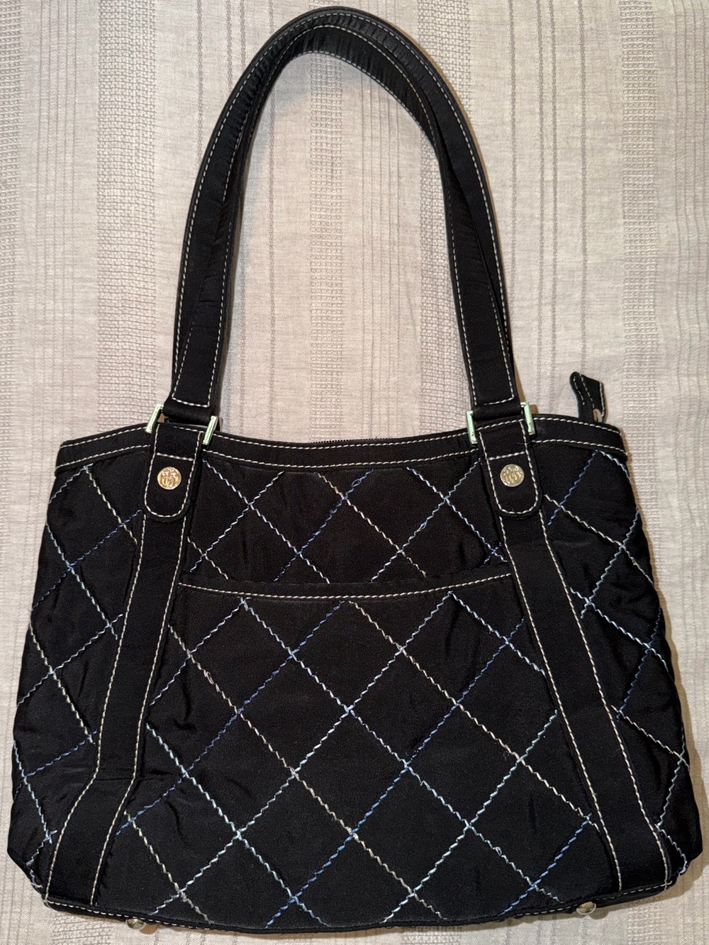 Vera Bradley Nob Hill quilted tote bag with white & blue contrasting stitching